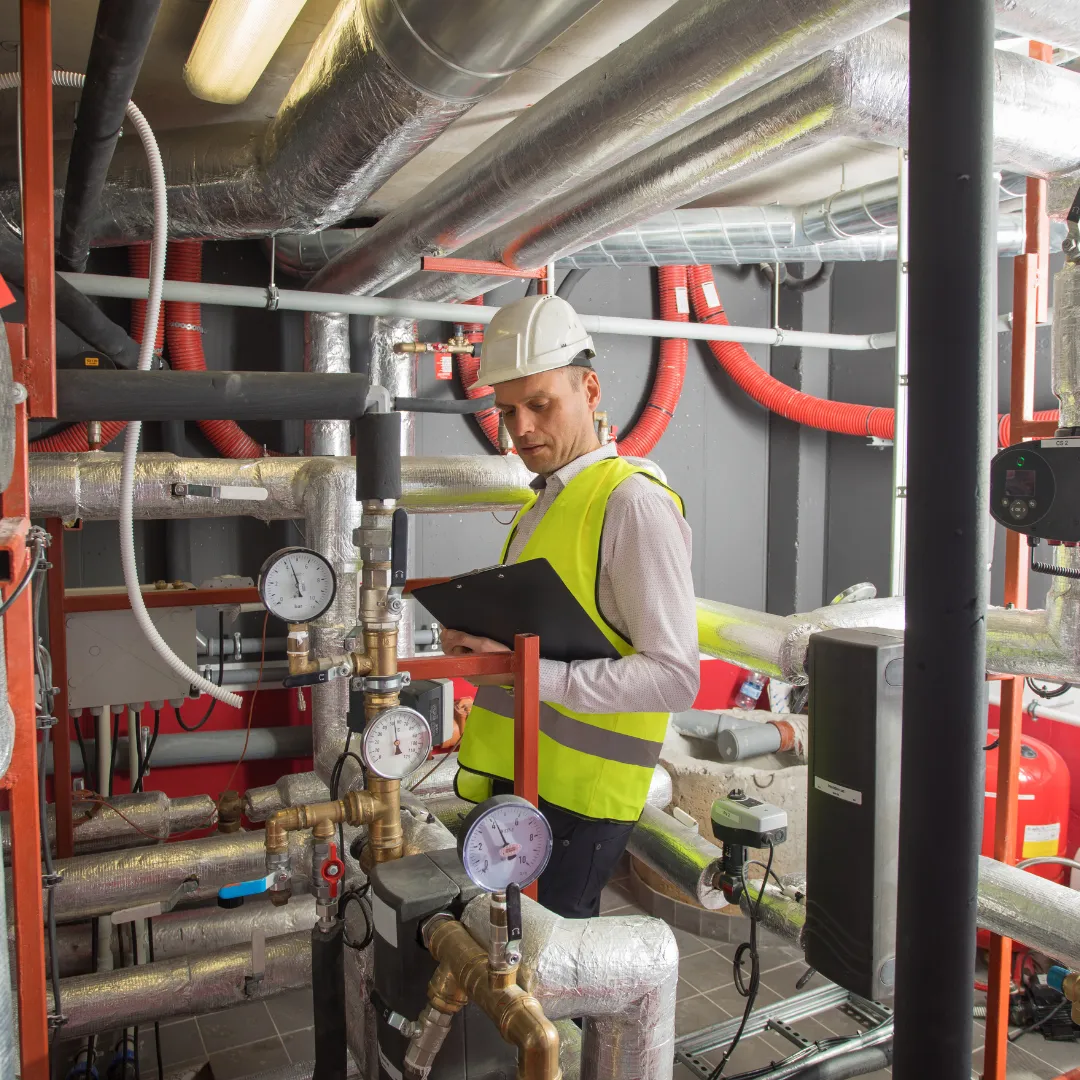 Energetický specialista při místním šetření v technické místnosti